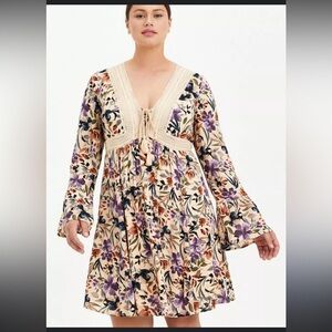Torrid Boho Crochet Trim Floral Empire Dress in Cream & Purple